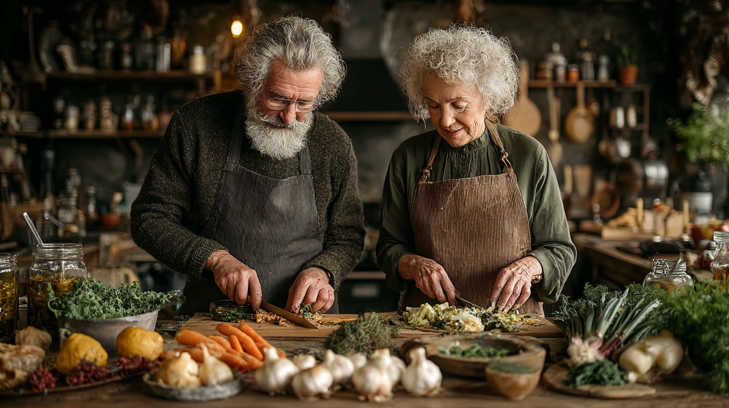 Adultos mayores disfrutando comida saludable